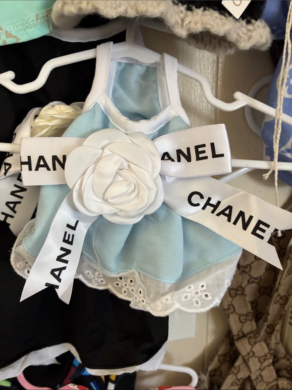 CHANEL styleLight Blue Camisole Dress for pets with Floral Accent